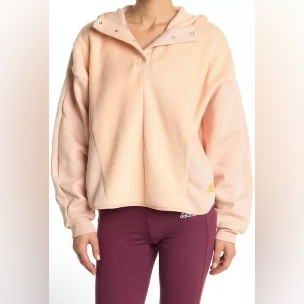 Adidas Essentials Golden Logo Sherpa Fleece Hoodie Blush Gold Size XS